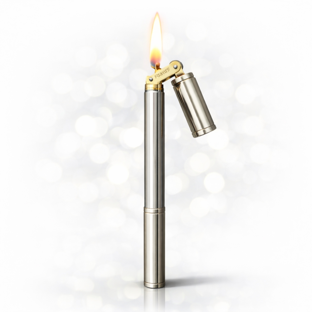 Smoke King Wheel Kerosene Lighter Brass Silver Nunchaku Style, Dual Tank, Retro Bamboo Design with 360 Rotation