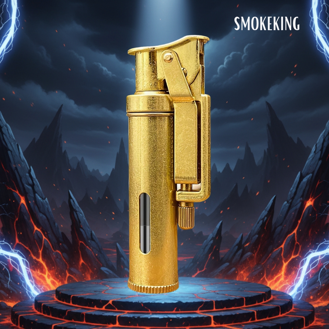 Smoke King Trench Lighter Vintage Brass Kerosene Refillable Lighter with Mechanical Grinding Wheel, Transparent Oil Tank, Windproof & Durable Retro Design Gift for Men