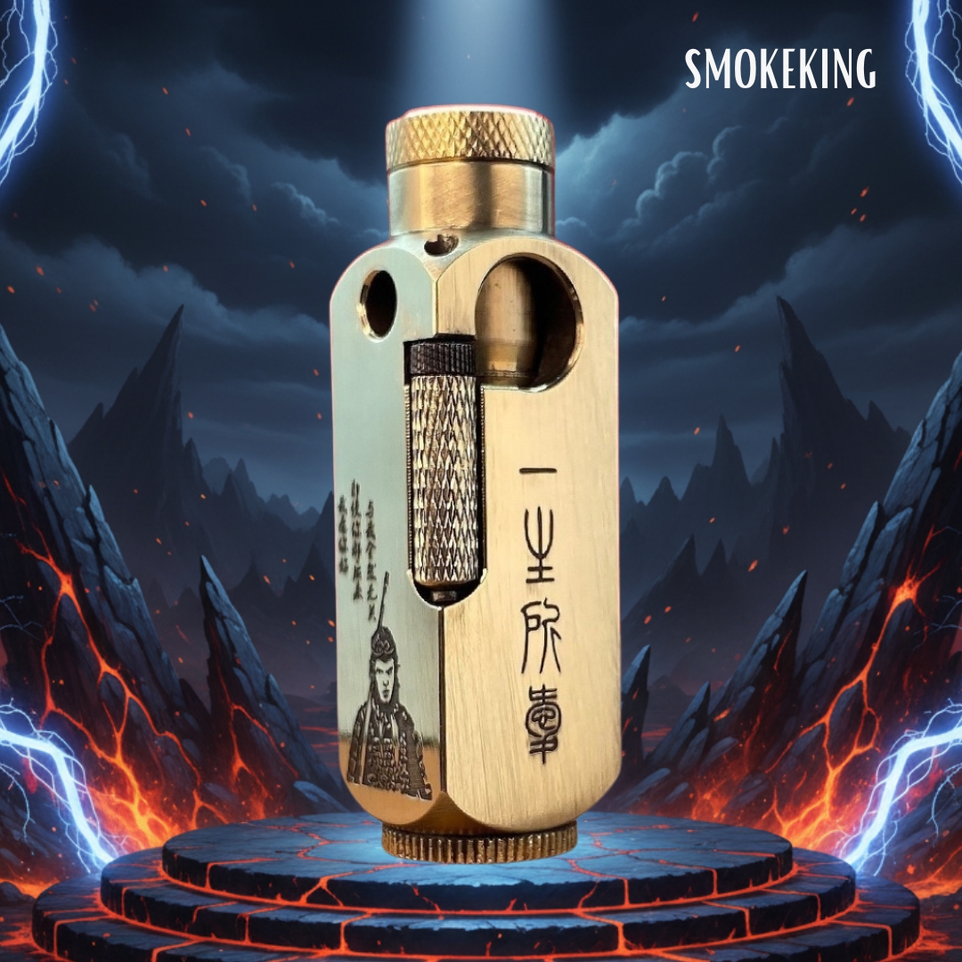 SmokeKing Hand-Carved Brass Kerosene Lighter – Vintage Trench-Style, Handcrafted Wukong Detailing, Refillable Oil Flame (Fuel Not Included)