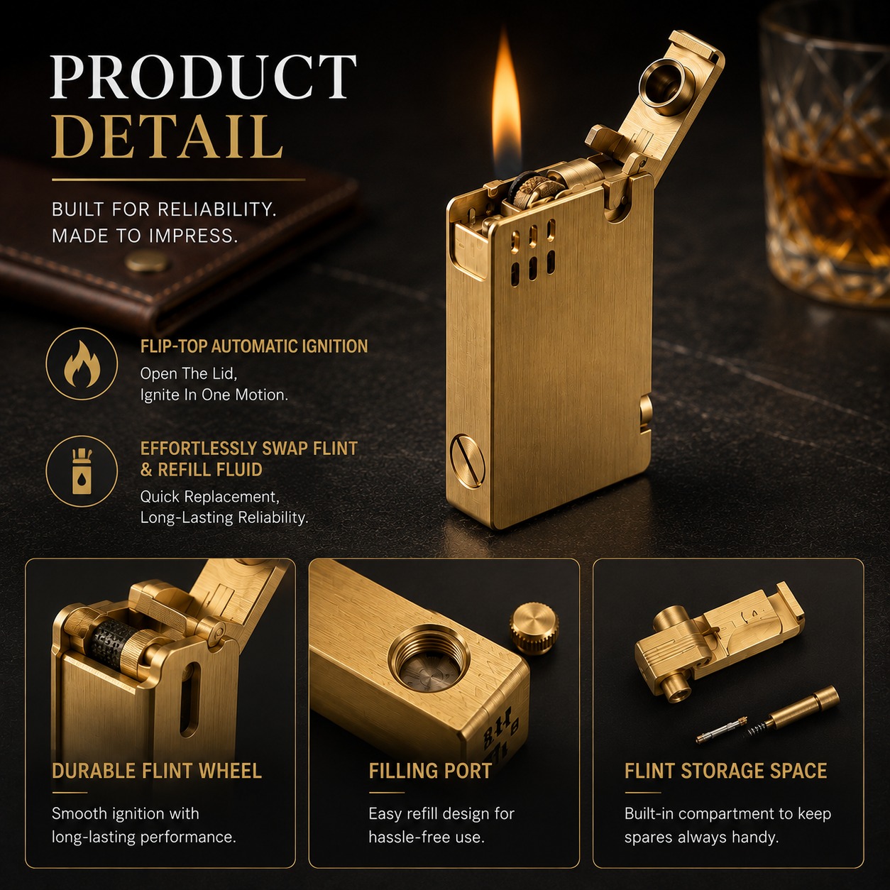 Smoke King Monolith Brass Lighter Front View