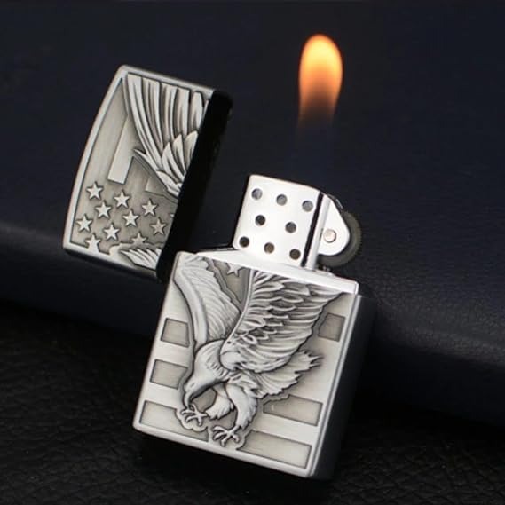Eagle Print Windproof Refillable Cigarette Pocket Lighter with Metal Finish Butane gas lighter (Silver)