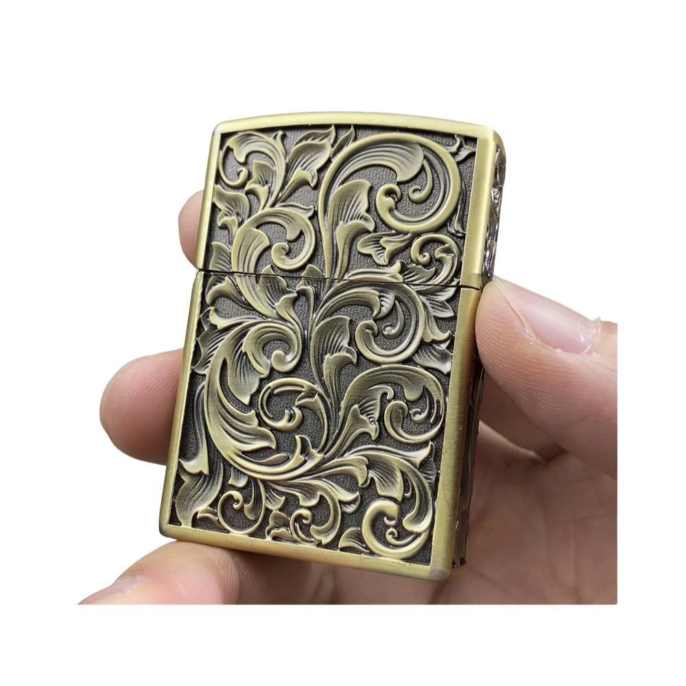 Smoke King Engraved Floral Design Brass Gold Lighter Classic Flint Ignition Portable Refillable Lighter – Fuel Not Included