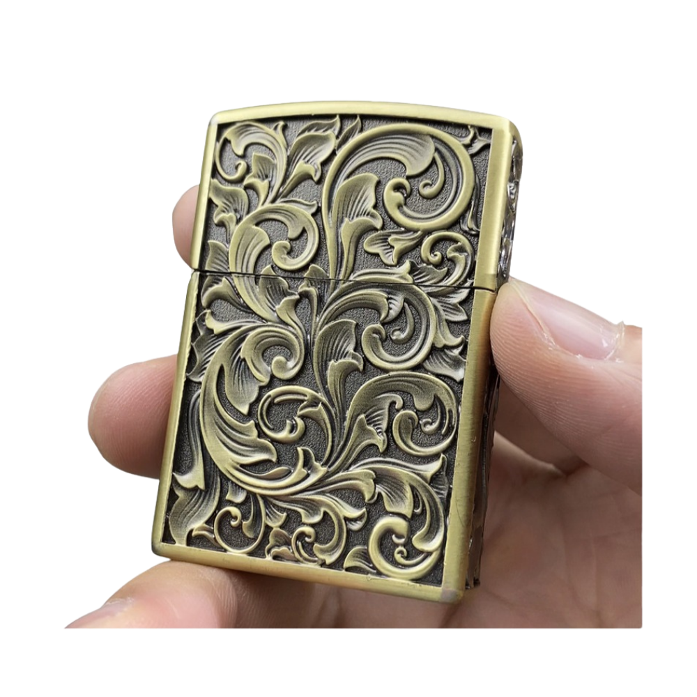 Smoke King Engraved Floral Design Brass Gold Lighter Classic Flint Ignition Portable Refillable Lighter – Fuel Not Included