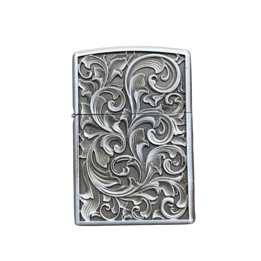 Smoke King Engraved Floral Design Brass Silver Lighter Classic Flint Ignition Portable Refillable Lighter – Fuel Not Included