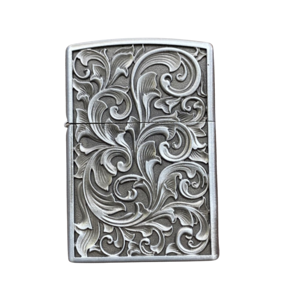 Smoke King Engraved Floral Design Brass Silver Lighter Classic Flint Ignition Portable Refillable Lighter – Fuel Not Included