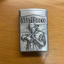 Vintage Gunman Marlboro Silver Gas Lighter – 3D Embossed Cowboy Design, Refillable Metal Pocket Lighter