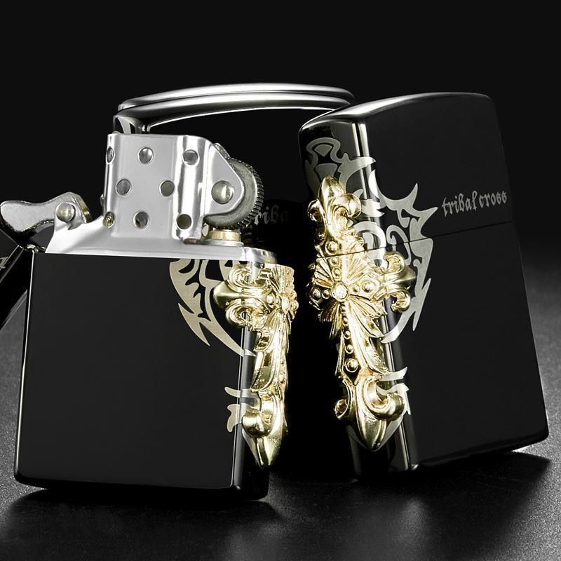 ZORRO Tribal Cross Windproof Lighter – Black & Gold