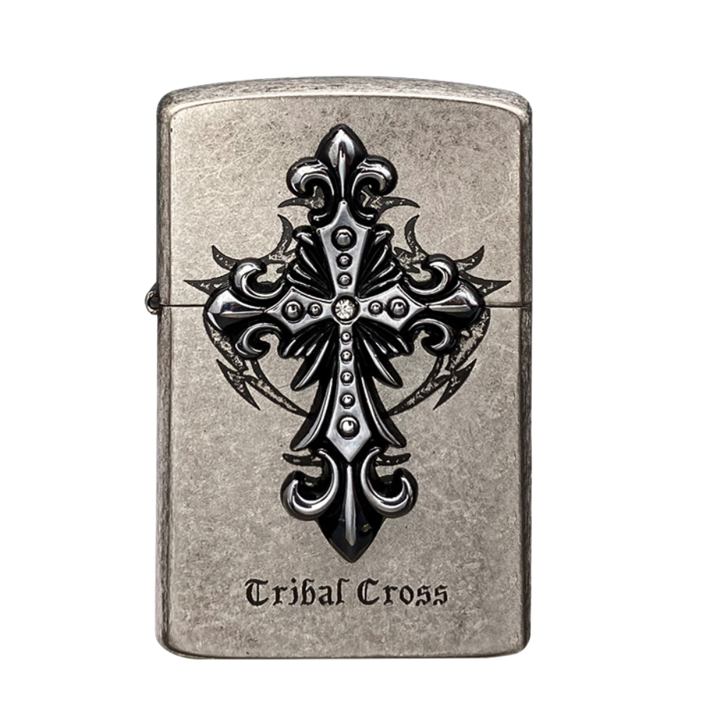 ZORRO Tribal Cross Engraved Windproof Lighter – Stone Silver