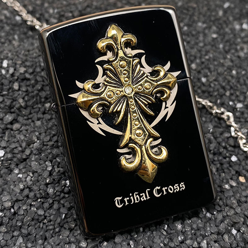 ZORRO Tribal Cross Windproof Lighter – Black & Gold