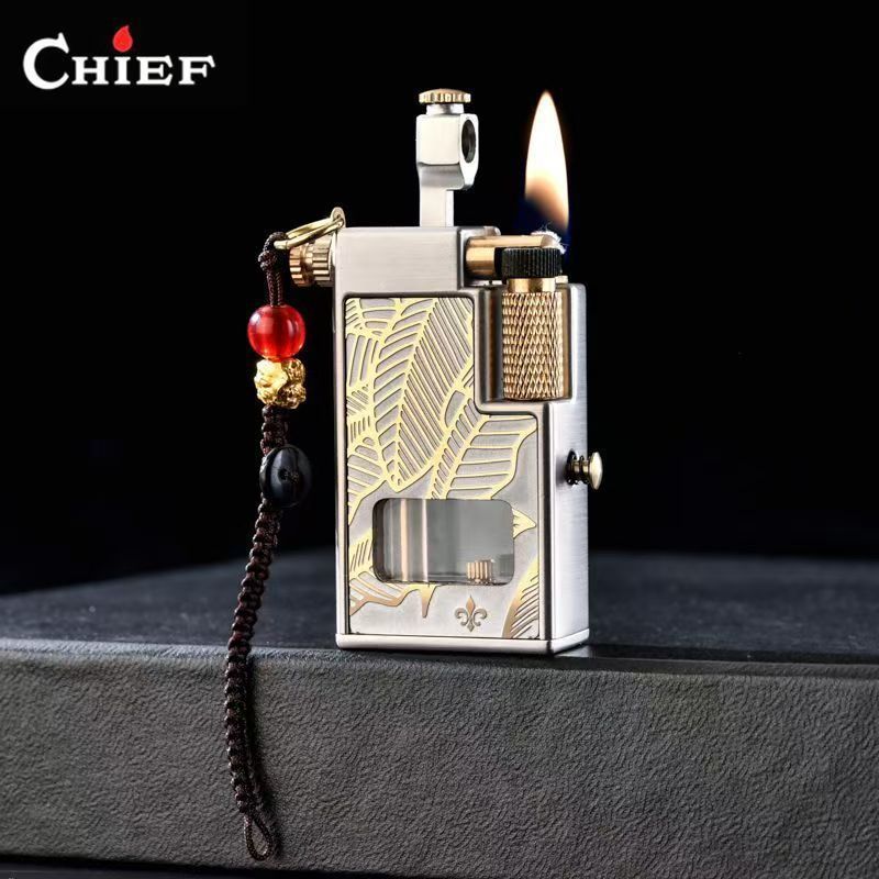 CHIEF Vintage Metal Kerosene Cigar Lighter – Windproof Retro Design with Visible Fuel Tank, Refillable Collectible Gift