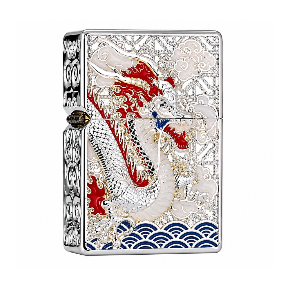 Smoke King Azure Dragon Brass Lighter – Double-Sided 3D Dragon Engraved Kerosene Lighter, Windproof Refillable Vintage Collectible Gift