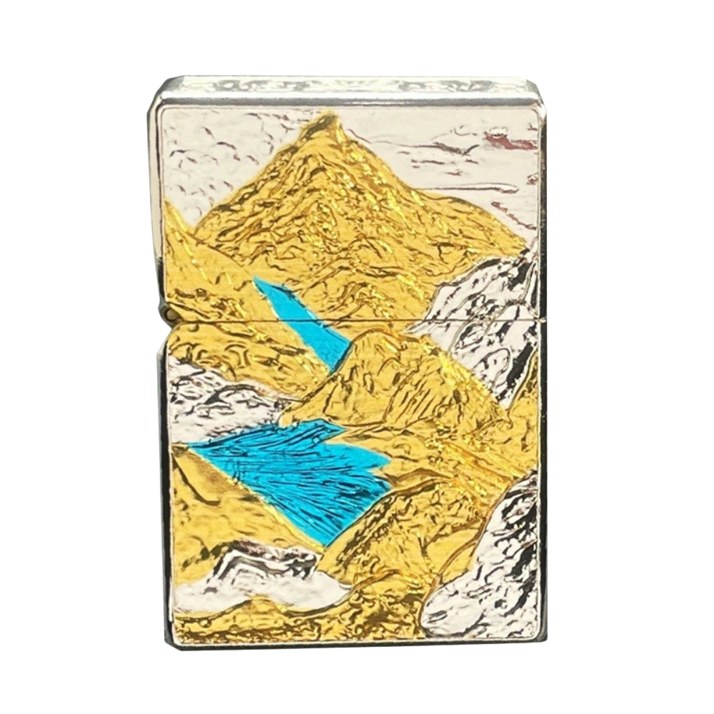 Smoke King Golden Luxury Brass Kerosene Lighter with Mountain & River Engraving, Windproof Refillable Flint Wheel Collectible Gift