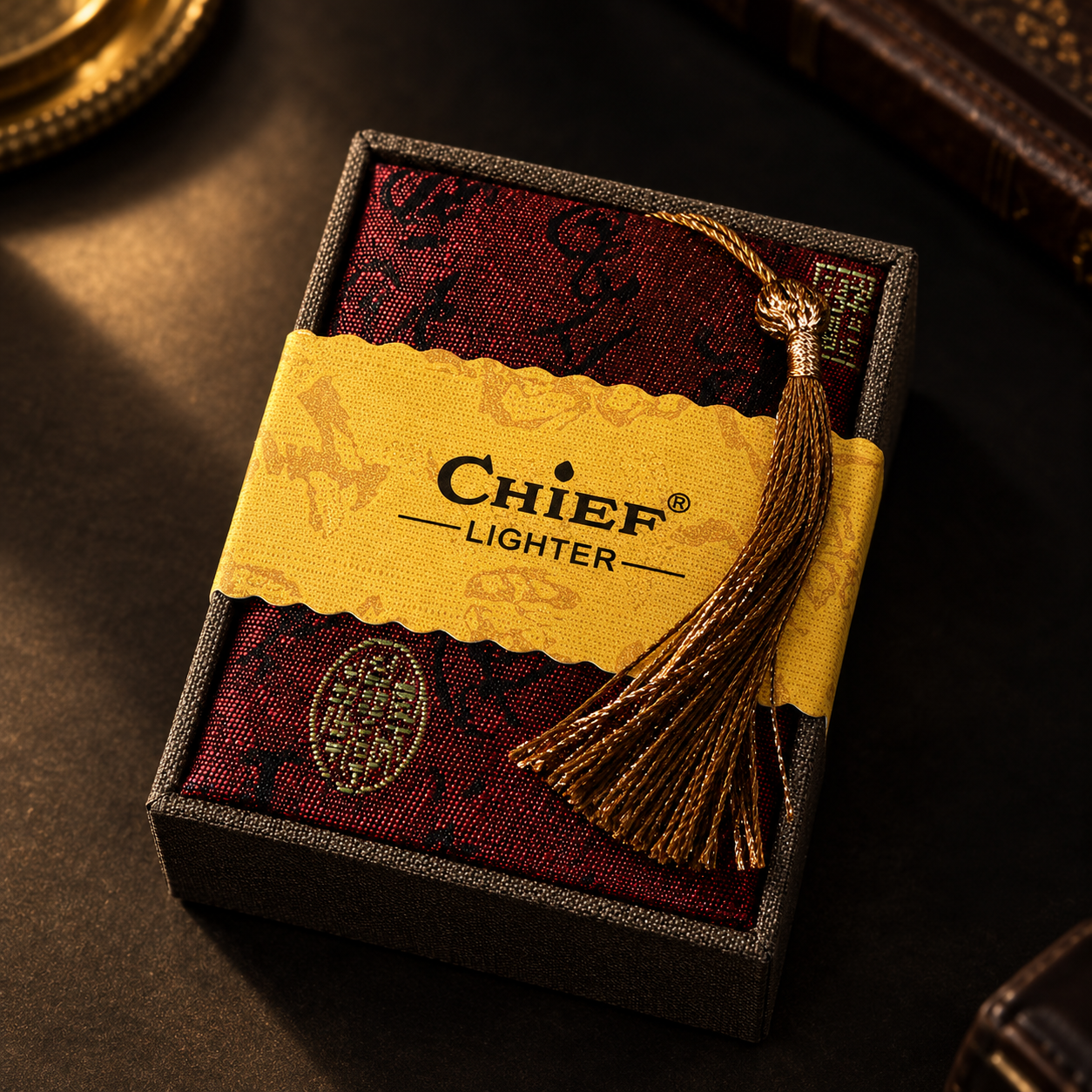CHIEF Premium Lighter Gift Box – Luxury Silk Brocade Box with Gold Band & Tassel