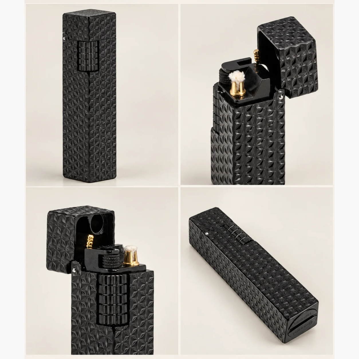 Rowen Dorven Black Pyramid Pattern Refillable Fuel Lighter