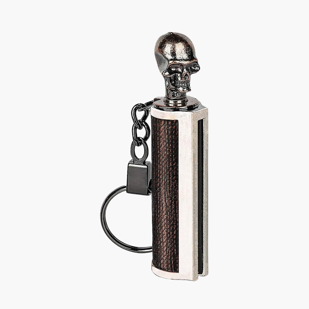 Smoke King Skull Head Permanent Match Lighter with Keychain, Vintage Copper and Silver Finish Refillable Liquid Fuel Lighter, Textured Metal Pocket Fire Starter