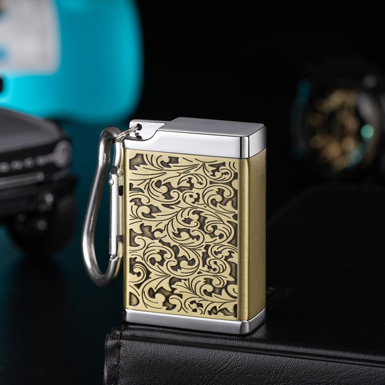 Smoke King Portable Ashtray, Gold-Tone Ornate Engraved Design, Compact Rectangular Pocket Ashtray, Premium Decorative Travel Ashtray