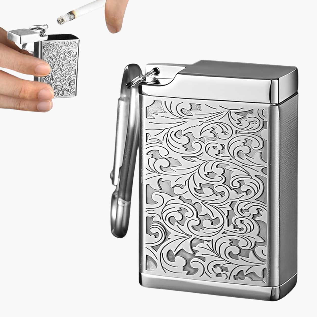 Smoke King Portable Ashtray, Silver-Tone Ornate Engraved Design, Compact Rectangular Pocket Ashtray, Premium Decorative Travel Ashtray