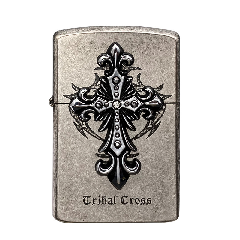 ZORRO Tribal Cross Engraved Windproof Lighter – Stone Silver