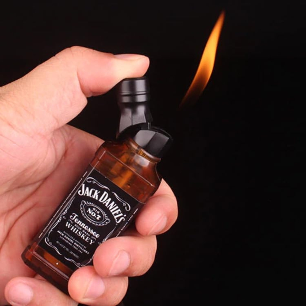 Smoke King Whiskey Bottle Shape Butane Gas Lighter, Refillable Pocket Soft Flame Lighter, Mini Designer Bottle Lighter for Cigarette, Cigar, Hookah, BBQ, Camping & Gift (Black/Brown)