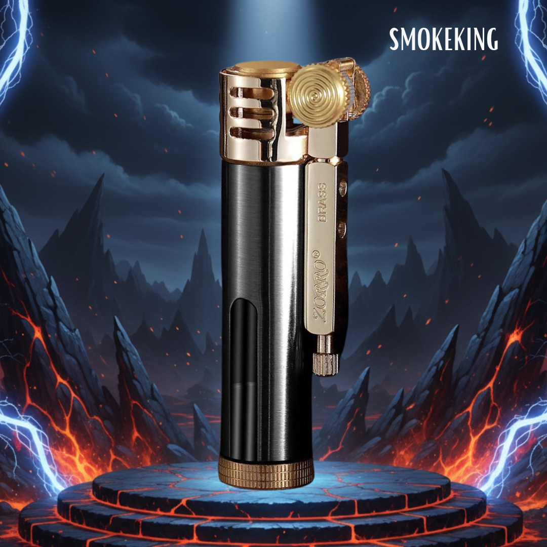 Smoke King Vintage Brass Trench Lighter | Windproof Refillable Flint Wheel Lighter with Fuel Window | Classic Zorro Design