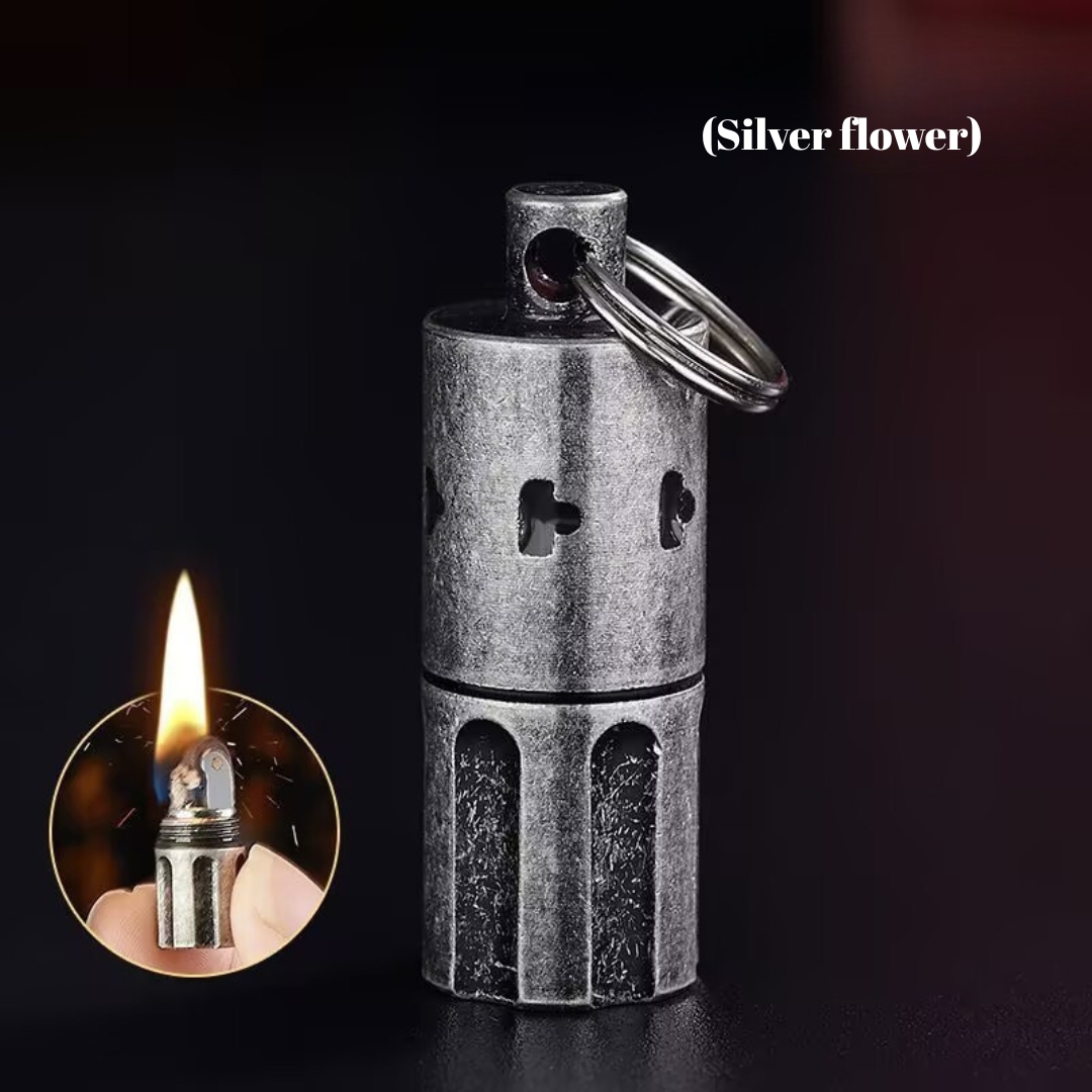 Smoke King Portable Kerosene Lighter Silver Mini Metal Keychain, Refillable Lighter & Pocket Pendant for Camping & Outdoors