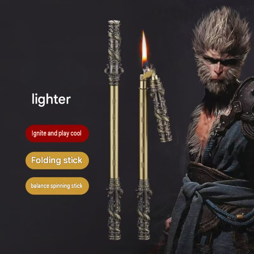 Smoke King Monkey King Wukong Lighter, Black Myth Wukong Inspired Vintage Stick Lighter, Refillable Liquid Fuel Metal Lighter with Replaceable Flint, Folding Spinning Design, Collectible Gift