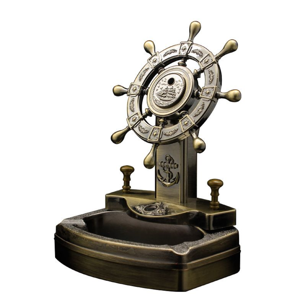 Smoke King Nautical Ship Wheel Table Lighter with Ashtray, Vintage Maritime Metal Desk Lighter, Decorative Captain Wheel Design, Premium Collectible Gift for Men