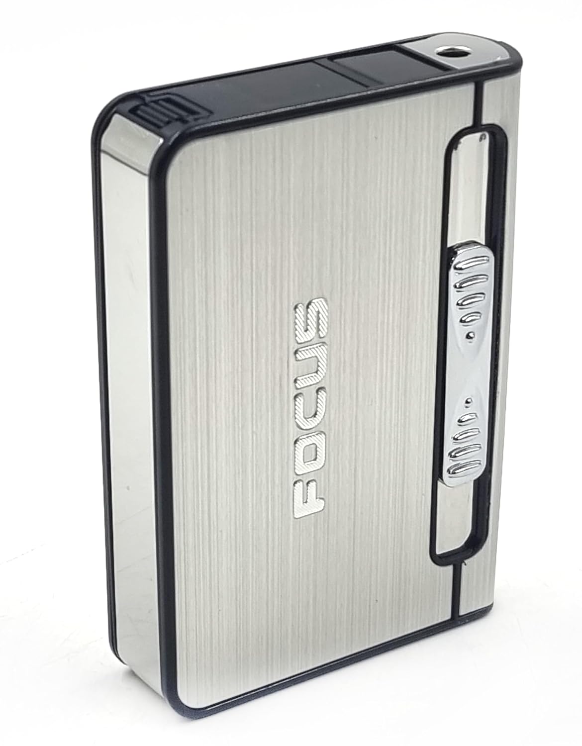 Smoke King Focus Long Cloud Cigarette Case with Jet Flame Lighter – Automatic Ejection 10 King Size Cigarette Holder (Silver)