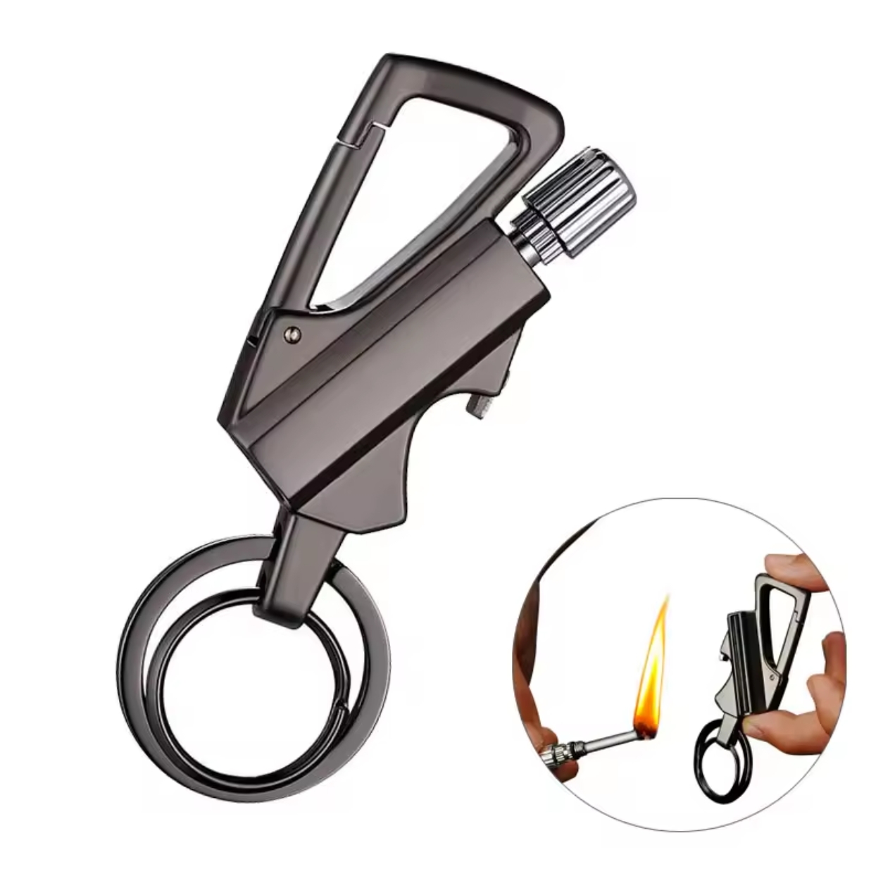 Smoke King Carabiner Permanent Match Lighter, Refillable Liquid Fuel Metal Keychain Fire Starter with Flint Striker, Portable Outdoor Accessory for Travel & Camping