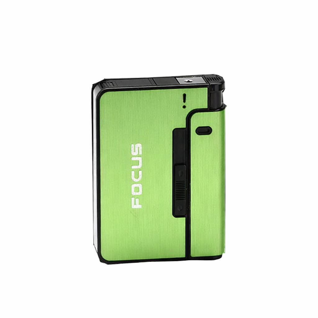 Smoke King Focus Long Cloud Cigarette Case with Jet Flame Lighter – Automatic Ejection 10 King Size Cigarette Holder (Green))