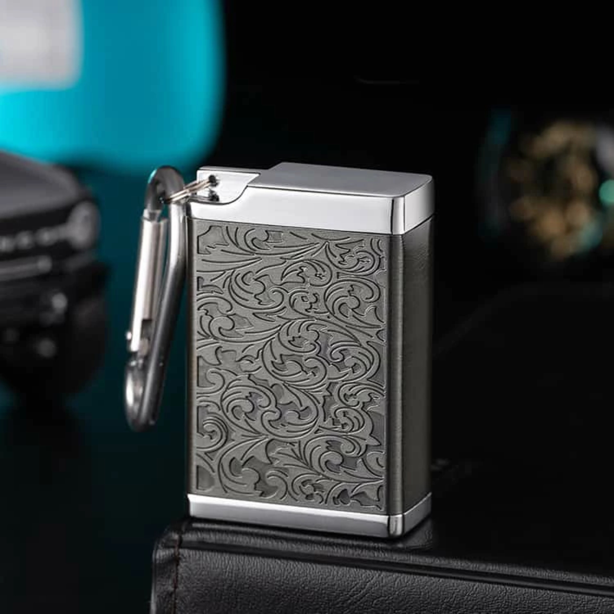 Smoke King Portable Ashtray, Black-Tone Ornate Engraved Design, Compact Rectangular Pocket Ashtray, Premium Decorative Travel Ashtray