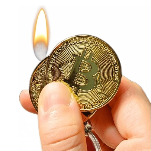 Smoke King Bitcoin Coin Lighter with Keychain – Gold Finish Butane Refillable Lighter, Sliding Ignition, Adjustable Flame, Compact Pocket EDC Gift