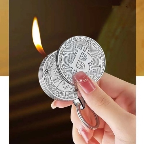 Smoke King Bitcoin Coin Lighter with Keychain – Silver Finish Butane Refillable Lighter, Sliding Ignition, Adjustable Flame, Compact Pocket EDC Gift
