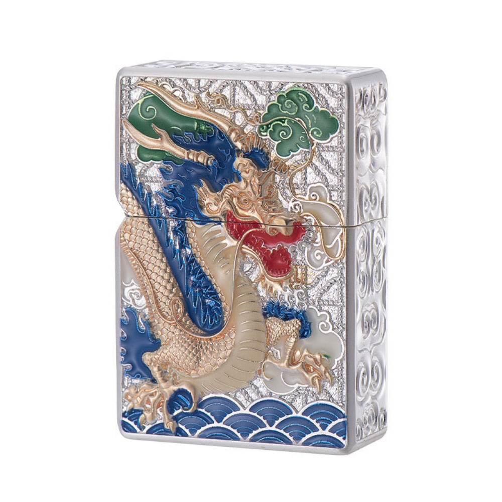 Smoke King Azure Dragon Brass Lighter – Double-Sided 3D Dragon Engraved Kerosene Lighter, Windproof Refillable Vintage Collectible Gift