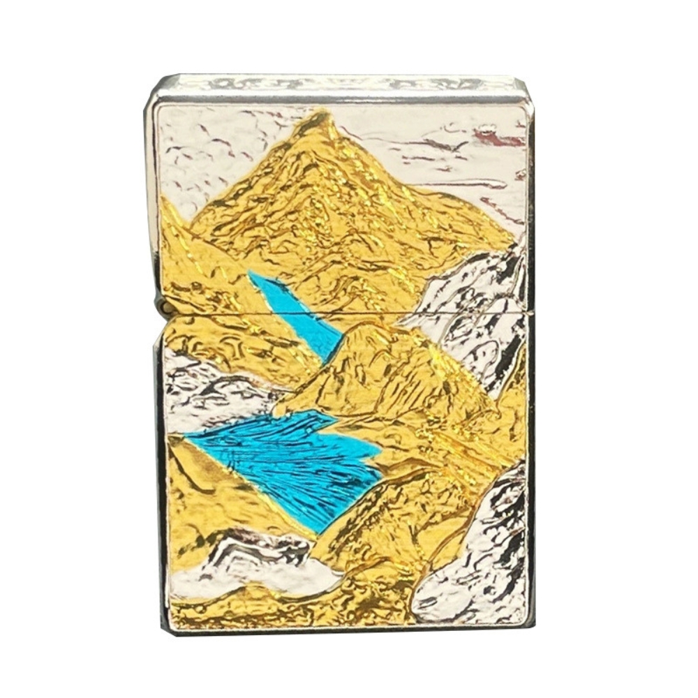 Smoke King Golden Luxury Brass Kerosene Lighter with Mountain & River Engraving, Windproof Refillable Flint Wheel Collectible Gift