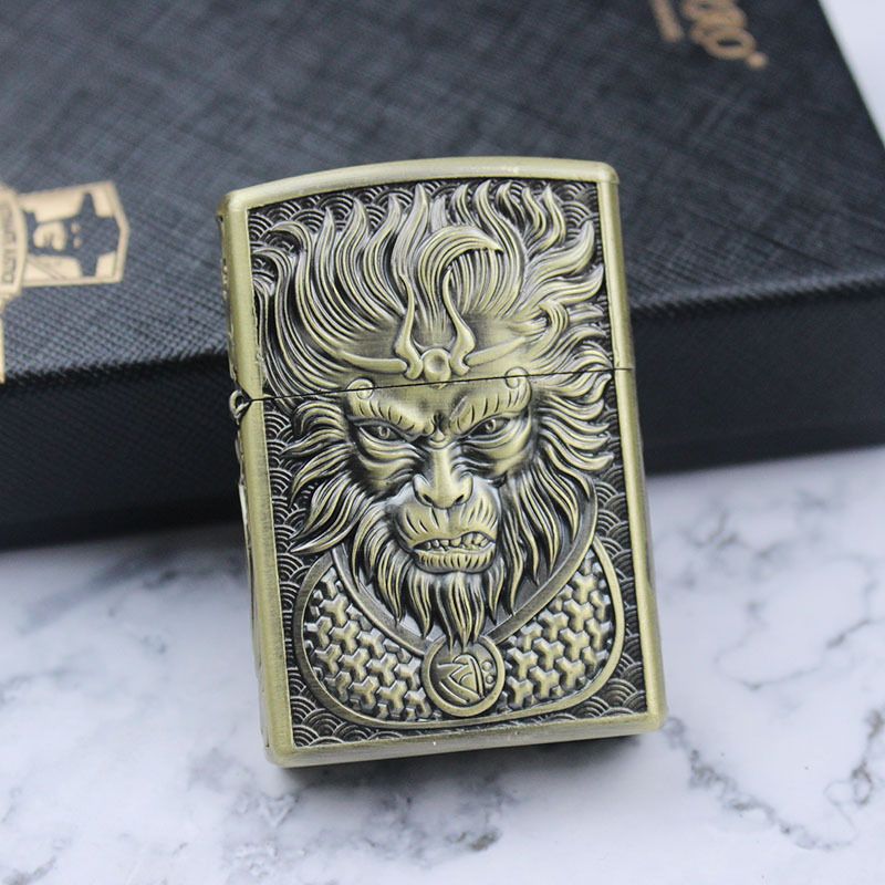 Smoke King Gold Brass 3D Engraving Wukong Design Zorro Original Lighter | Refillable Kerosene Oil Pocket Lighter | Fuel Not Included