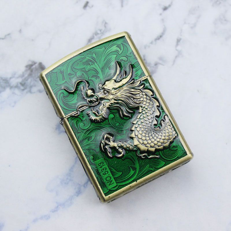 Smoke King Zorro Original Emerald Dragon 3D Engraved Brass Kerosene Oil Lighter | Windproof Refillable Pocket Lighter (Fuel Not Included)