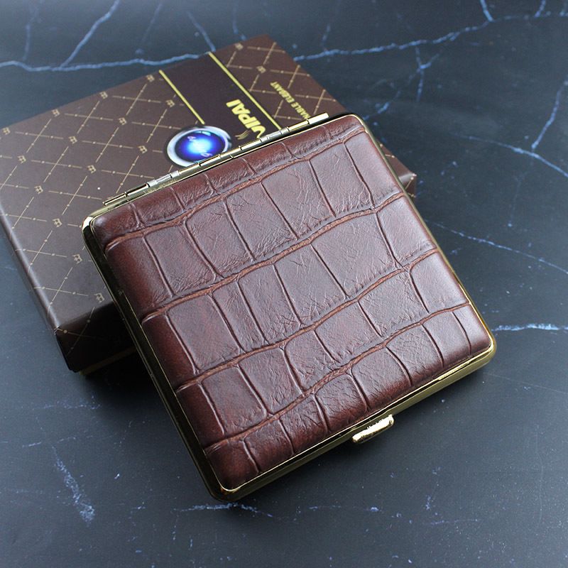 Smoke King Premium Leather Pocket Case | Crocodile Pattern Genuine Leather Metal Storage Case with Flip-Top Closure
