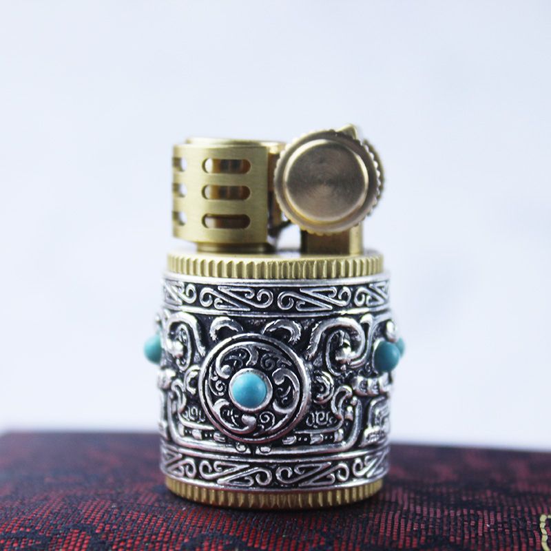 Smoke King Vintage Brass & Silver Kerosene Lighter – Handcrafted Ornate Carved Steampunk Lighter with Turquoise Stone Inlays, Heavy Duty Refillable Flint Igniter for Collection & Gifting